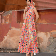 Women’s Printed Cotton Maxi Dress with Contrast Piping