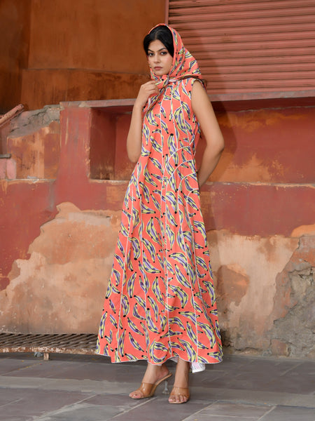 Women’s Printed Cotton Maxi Dress with Contrast Piping