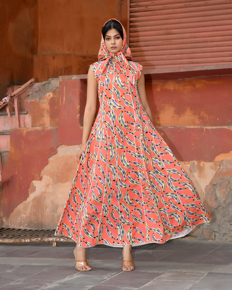 Women’s Printed Cotton Maxi Dress with Contrast Piping