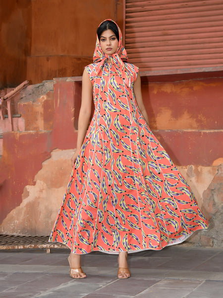 Women’s Printed Cotton Maxi Dress with Contrast Piping