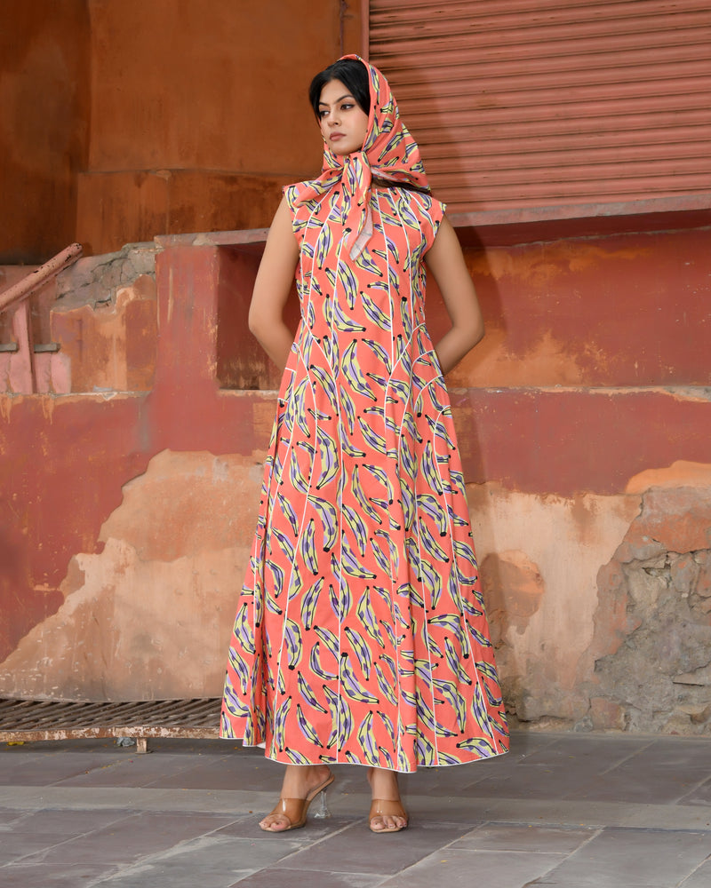 Women’s Printed Cotton Maxi Dress with Contrast Piping