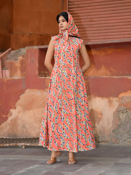 Women’s Printed Cotton Maxi Dress with Contrast Piping