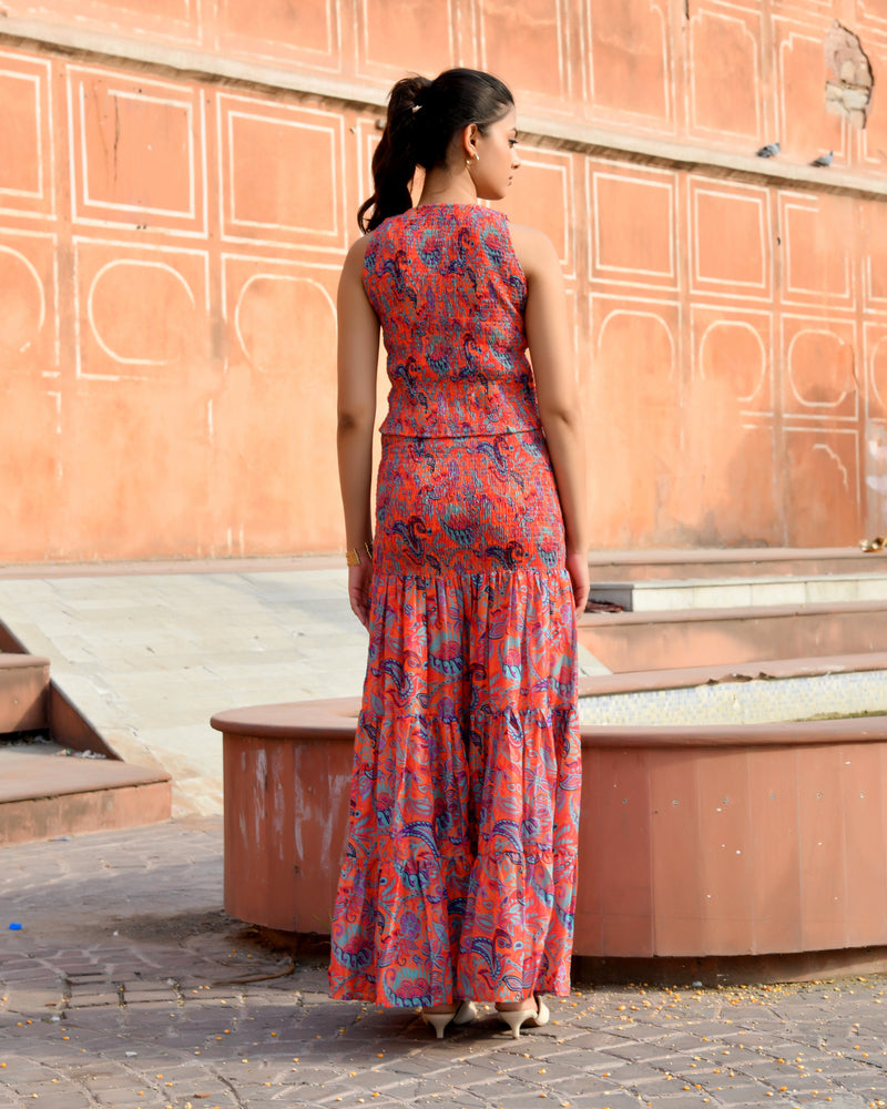 Women’s Printed Smocked Top & Tiered Maxi Skirt Set