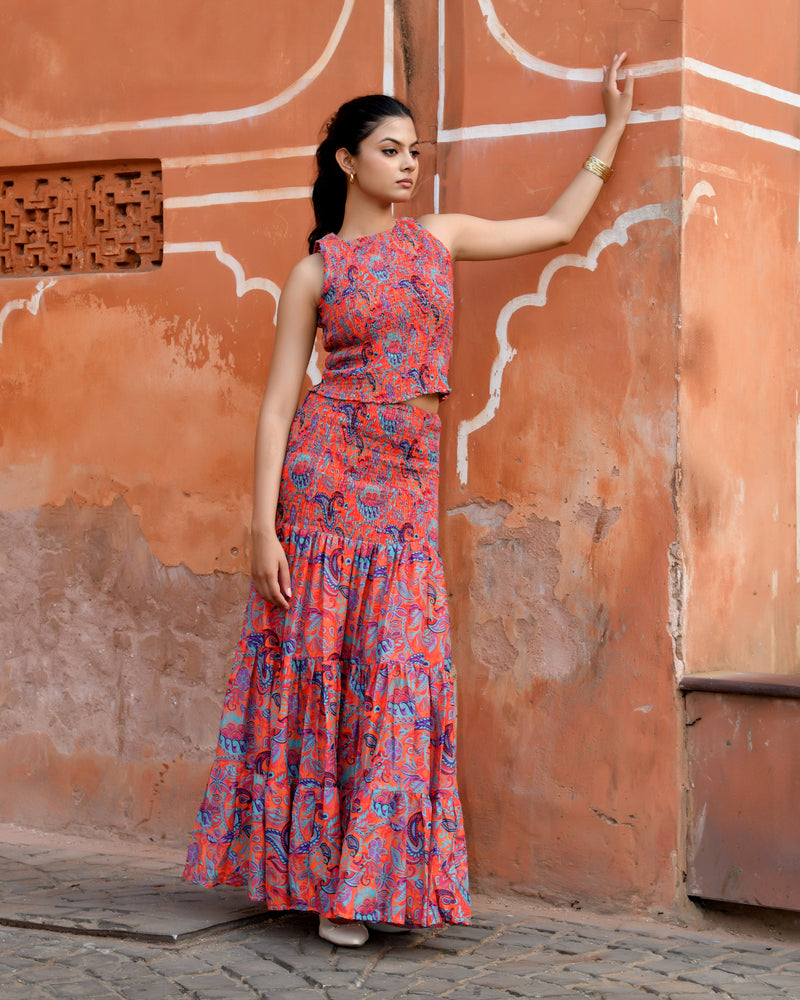 Women’s Printed Smocked Top & Tiered Maxi Skirt Set