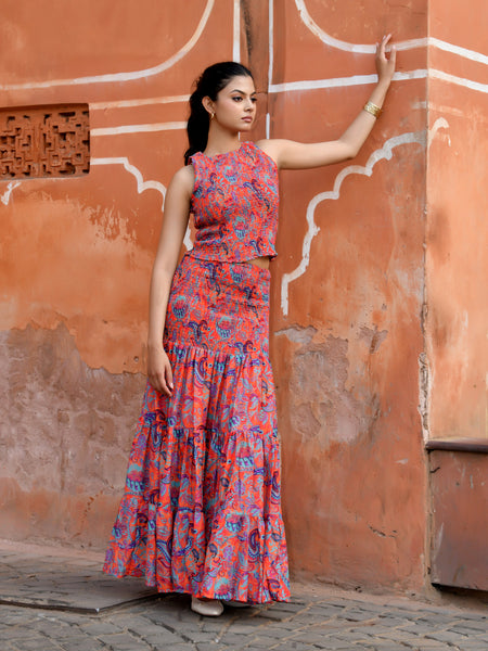 Women’s Printed Smocked Top & Tiered Maxi Skirt Set
