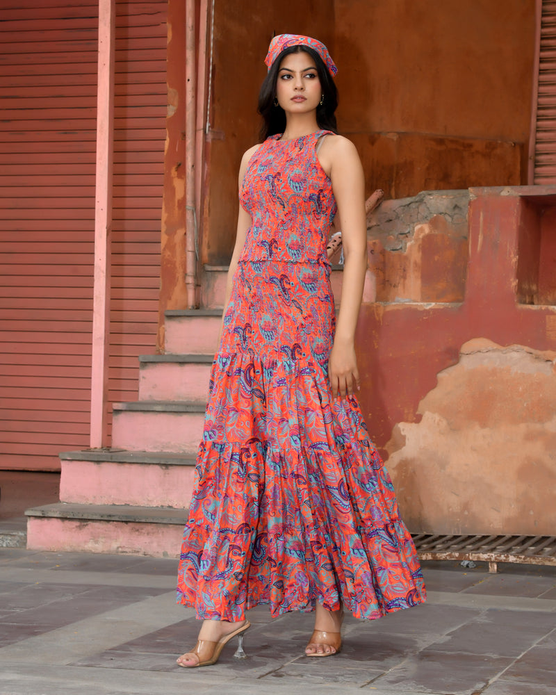 Women’s Printed Smocked Top & Tiered Maxi Skirt Set