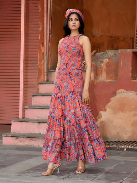 Women’s Printed Smocked Top & Tiered Maxi Skirt Set