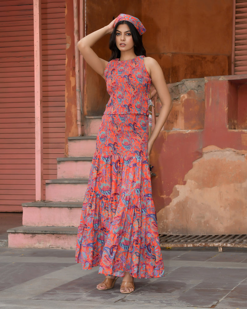 Women’s Printed Smocked Top & Tiered Maxi Skirt Set