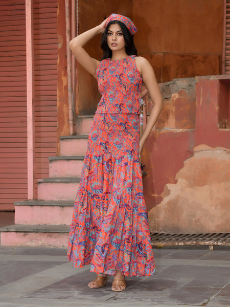 Women’s Printed Smocked Top & Tiered Maxi Skirt Set