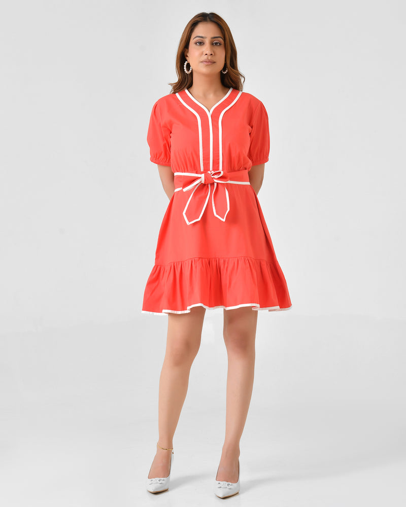 Red Cotton A-Line Dress with White Piping & Belt