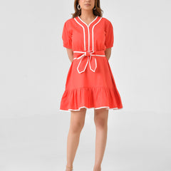 Red Cotton A-Line Dress with White Piping & Belt