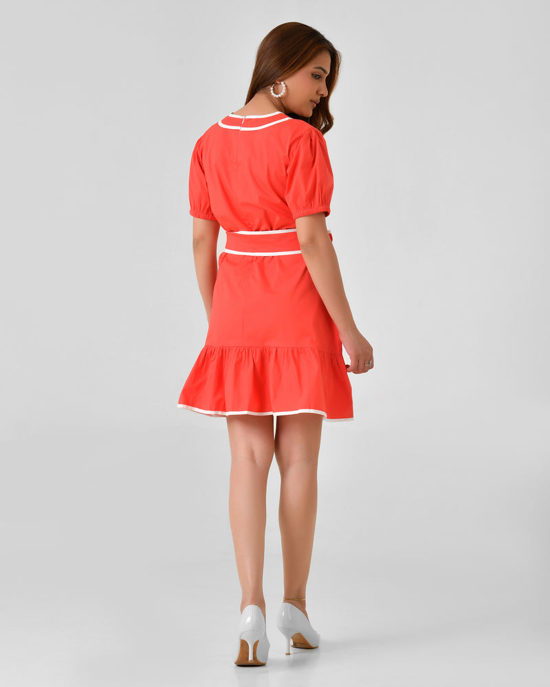 Red Cotton A-Line Dress with White Piping & Belt
