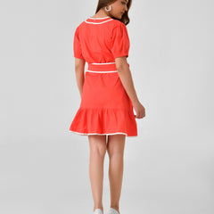 Red Cotton A-Line Dress with White Piping & Belt