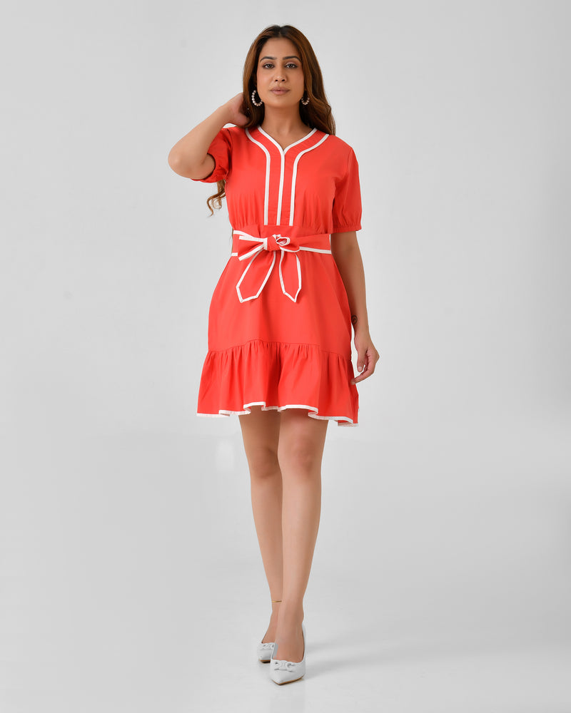 Red Cotton A-Line Dress with White Piping & Belt