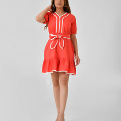 Red Cotton A-Line Dress with White Piping & Belt