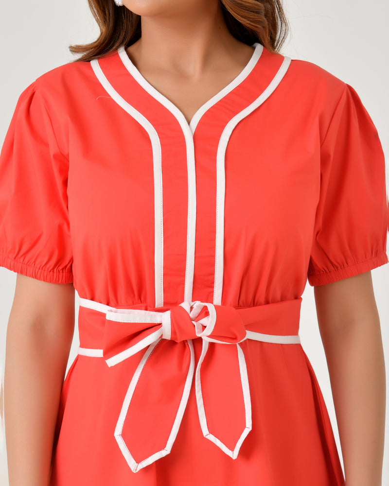 Red Cotton A-Line Dress with White Piping & Belt