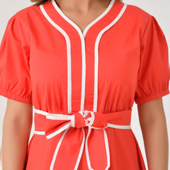 Red Cotton A-Line Dress with White Piping & Belt