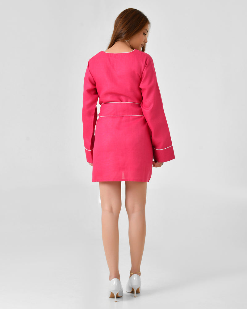 Pink Linen Finish Dress with Embellished Wrap Waist Belt