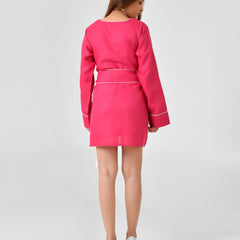 Pink Linen Finish Dress with Embellished Wrap Waist Belt