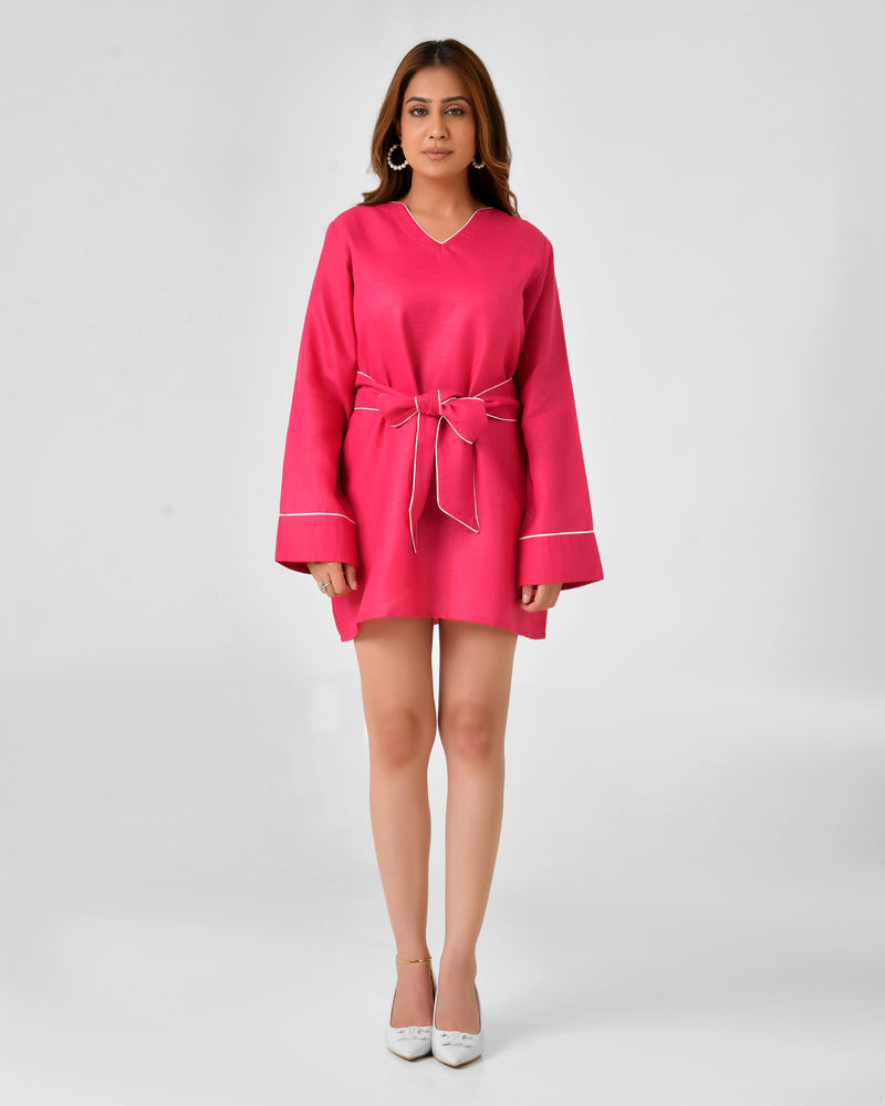 Pink Linen Finish Dress with Embellished Wrap Waist Belt