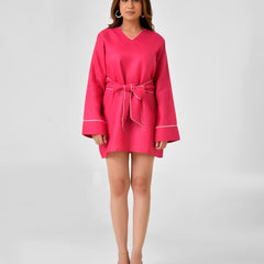 Pink Linen Finish Dress with Embellished Wrap Waist Belt