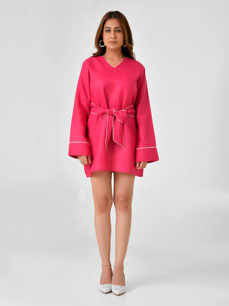Pink Linen Finish Dress with Embellished Wrap Waist Belt