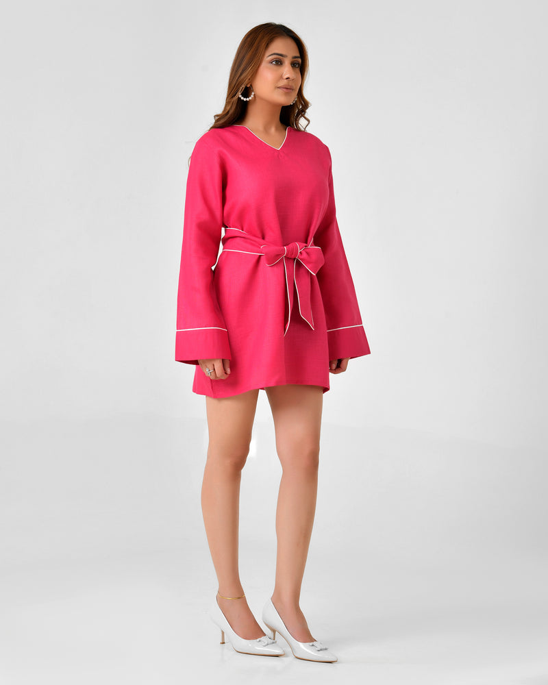 Pink Linen Finish Dress with Embellished Wrap Waist Belt