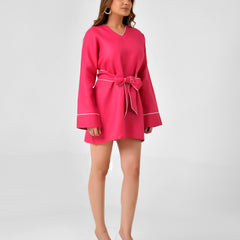 Pink Linen Finish Dress with Embellished Wrap Waist Belt
