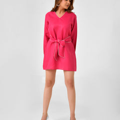 Pink Linen Finish Dress with Embellished Wrap Waist Belt