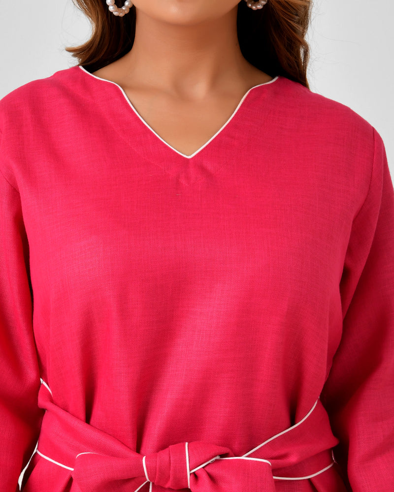 Pink Linen Finish Dress with Embellished Wrap Waist Belt