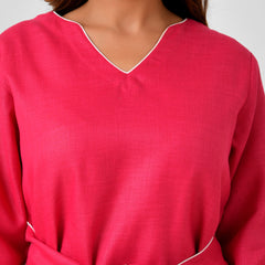Pink Linen Finish Dress with Embellished Wrap Waist Belt
