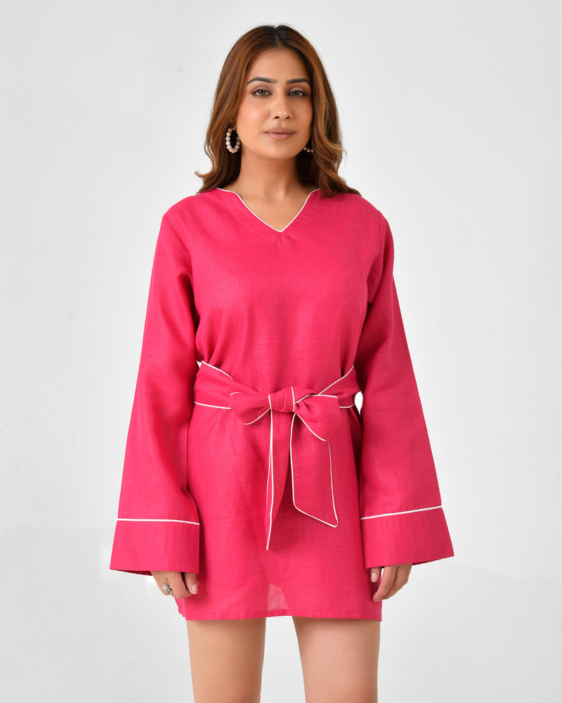 Pink Linen Finish Dress with Embellished Wrap Waist Belt