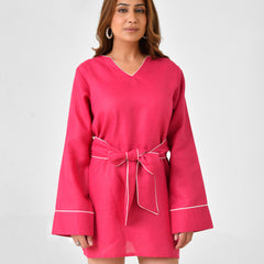 Pink Linen Finish Dress with Embellished Wrap Waist Belt