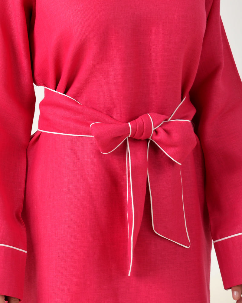 Pink Linen Finish Dress with Embellished Wrap Waist Belt