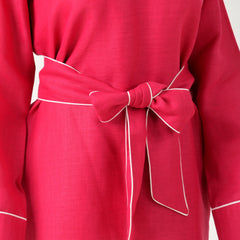 Pink Linen Finish Dress with Embellished Wrap Waist Belt