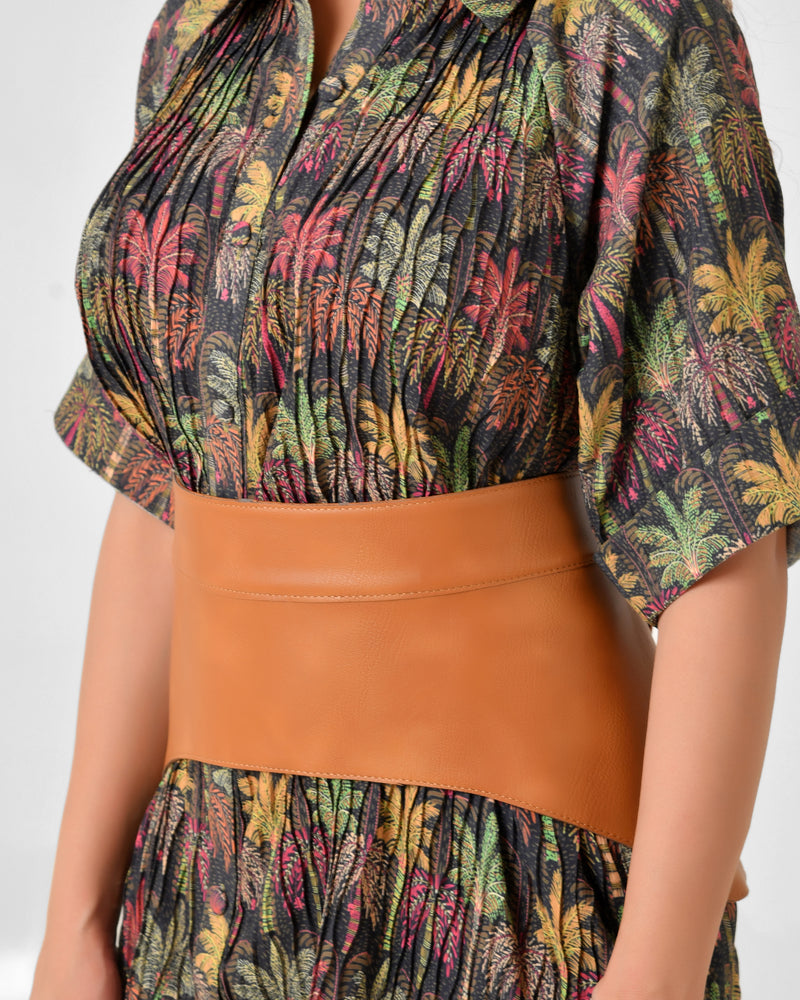 Cotton Crush Fit & Flare Short Dress with Leather Belt