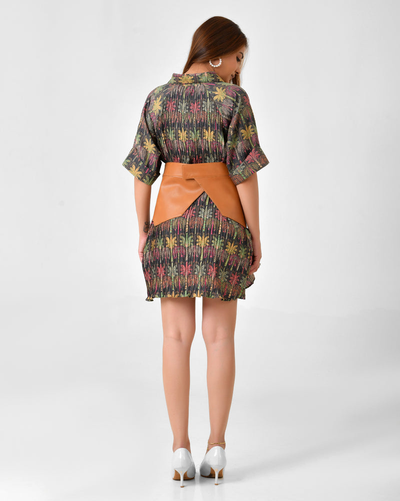 Cotton Crush Fit & Flare Short Dress with Leather Belt