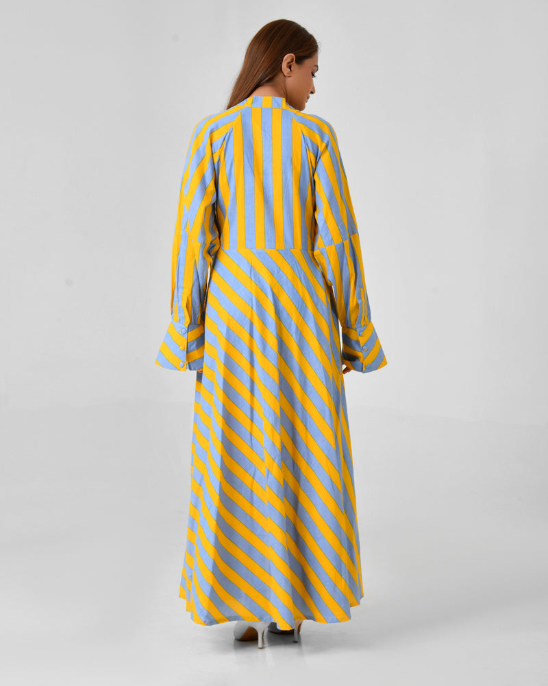 Yellow & Turquoise Striped Cotton Maxi Dress with Bead Detail