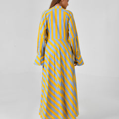 Yellow & Turquoise Striped Cotton Maxi Dress with Bead Detail