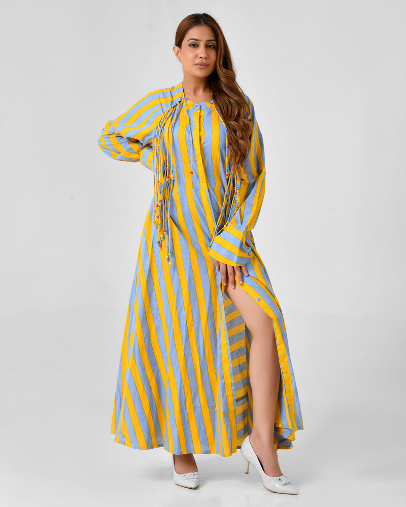 Yellow & Turquoise Striped Cotton Maxi Dress with Bead Detail