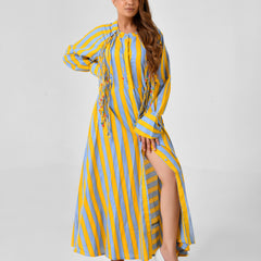 Yellow & Turquoise Striped Cotton Maxi Dress with Bead Detail