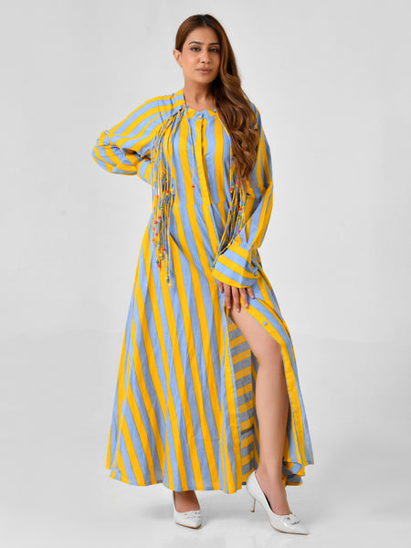 Yellow & Turquoise Striped Cotton Maxi Dress with Bead Detail