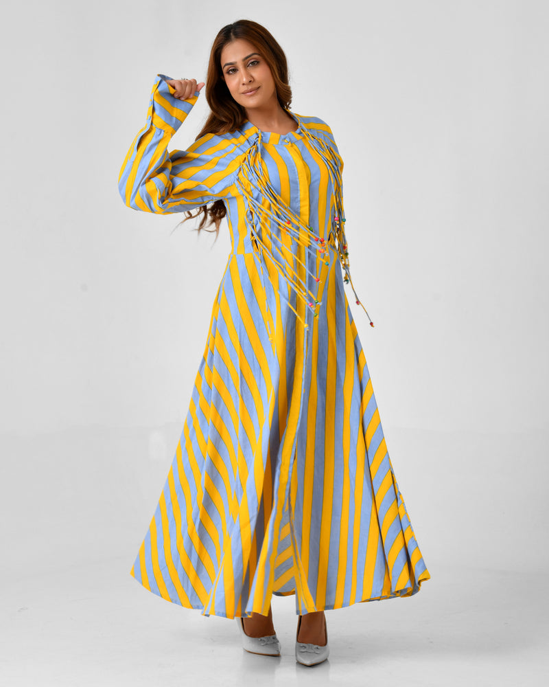 Yellow & Turquoise Striped Cotton Maxi Dress with Bead Detail