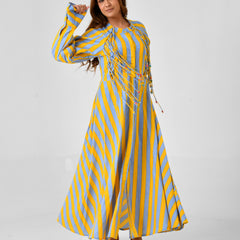 Yellow & Turquoise Striped Cotton Maxi Dress with Bead Detail
