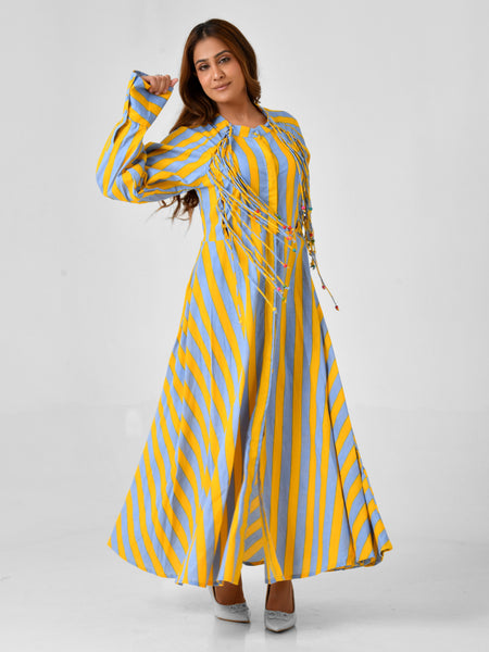 Yellow & Turquoise Striped Cotton Maxi Dress with Bead Detail