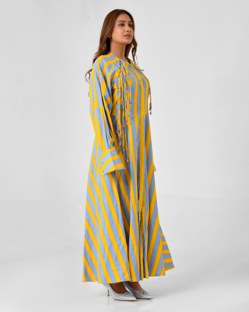 Yellow & Turquoise Striped Cotton Maxi Dress with Bead Detail