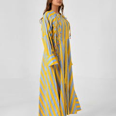 Yellow & Turquoise Striped Cotton Maxi Dress with Bead Detail