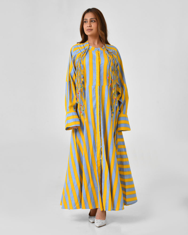 Yellow & Turquoise Striped Cotton Maxi Dress with Bead Detail