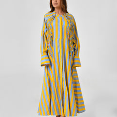Yellow & Turquoise Striped Cotton Maxi Dress with Bead Detail