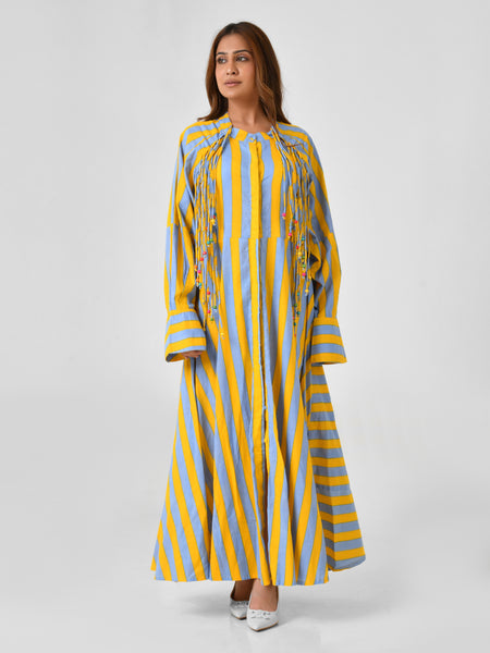 Yellow & Turquoise Striped Cotton Maxi Dress with Bead Detail